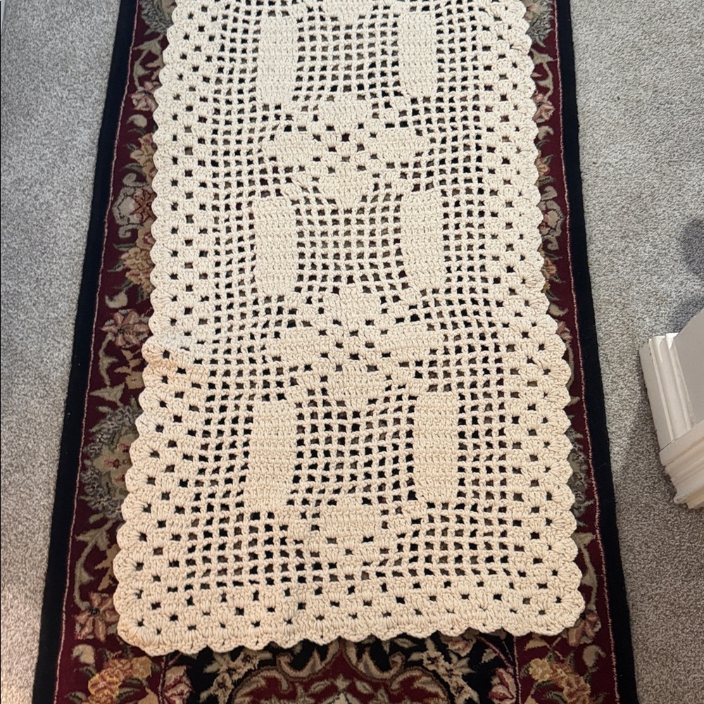 Vintage Hand-Crocheted Cream Table Runner